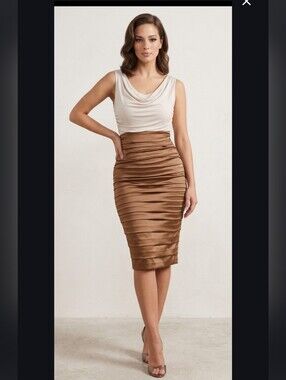 le chateau Two-Tone Satin Ruched Midi Dress in Blush and Taupe